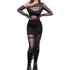 Set: Mesh Sheath Midi Dress + Sleeveless Crop Top + Skirt