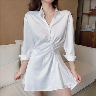 Plain V-neck Single-breasted Slim-fit Irregular Long-sleeve A-line Dress