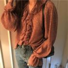Long-sleeve V-neck Floral Ruffle Trim Chiffon Blouse