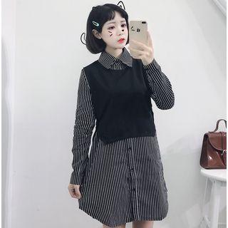 Set: Striped Long-sleeve Shirt Dress + Knit Vest
