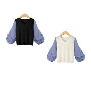 Mock Two-piece Striped Panel V-neck Long-sleeve Knit Top