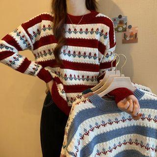 Round-neck Striped Color Block Flower Embroidered Knit Top