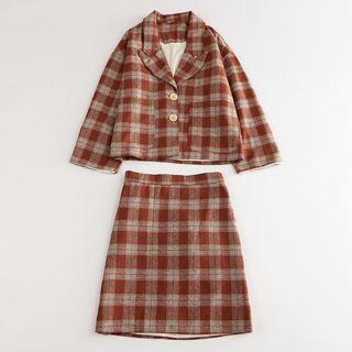 Plaid Buttoned Blazer / Plaid Mini A-line Skirt / Set