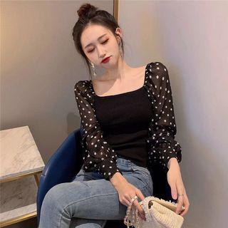 Dotted-sleeve Ribbed Knit Top