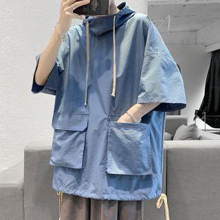 Pocket-detail Drawstring Elbow-sleeve Hoodie
