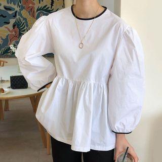 Back Strap Puff-sleeve Ruffle Round-neck Long-sleeve Shirt