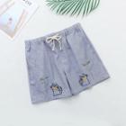 Cat Embroidered Striped Drawstring Shorts Blue - One Size