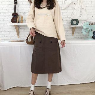 Long Sleeve Zipper Front Hoodie / Buttoned A-line Skirt