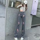 High Waist Cross Accent Straight Leg Jeans