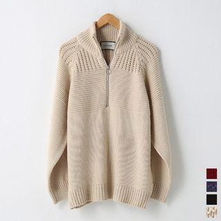 Patterned-shoulder Zipped Knit Pullover