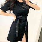 Belted Short-sleeve Zip-up A-line Dress