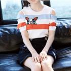 Embroidered Applique Open Shoulder Short-sleeve T-shirt