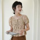 Puff-sleeve Floral Cropped Blouse Almond - One Size