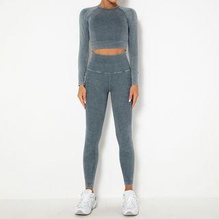 Set: Long-sleeve Sports Crop Top + High-waist Yoga Pants