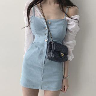 Plain Blouse / Spaghetti Strap Mini Sheath Dress