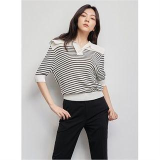 Sailor-collar Stripe Knit Top Black - One Size