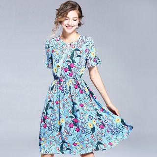 Short-sleeve Tied Floral Dress