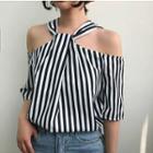 Elbow-sleeve Cutout Striped Top
