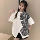 Elbow-sleeve Leopard Print Panel T-shirt White - One Size
