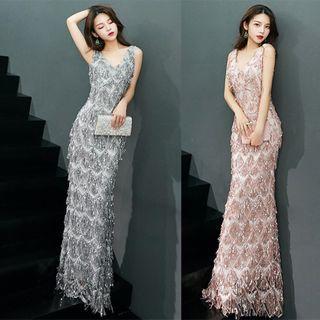 Fringe Sleeveless Sheath Evening Gown
