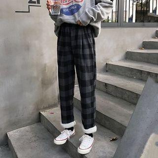 Color-block Plaid Fleece Cropped Pants Black - One Size