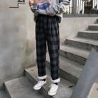 Color-block Plaid Fleece Cropped Pants Black - One Size