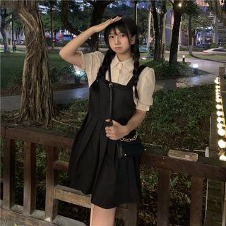 Puff-sleeve Plain Mock Two Piece Pleated Dress