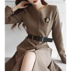 Hidden-zipper Pleated A-line Dress With Belt