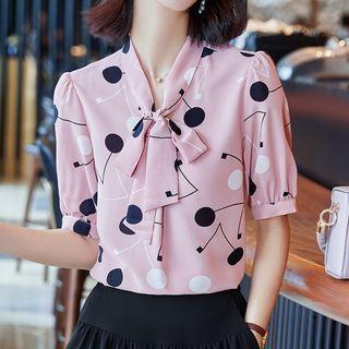 Short-sleeve Print Bow Blouse / Skirt / Set