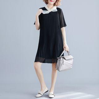 Plain Stand-collar Chiffon Dress Black - L