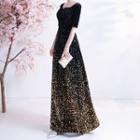 Elbow-sleeve Glittered Evening Gown