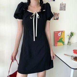 Short-sleeve Tie-front Frill Trim Mini Sheath Dress