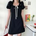 Short-sleeve Tie-front Frill Trim Mini Sheath Dress