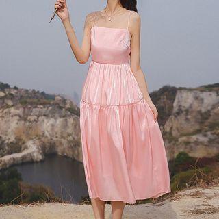Spaghetti Strap Cutout-back Plain Midi A-line Dress