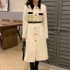 Long-sleeve Collared Midi A-line Dress With Belt - Milky White - One Size