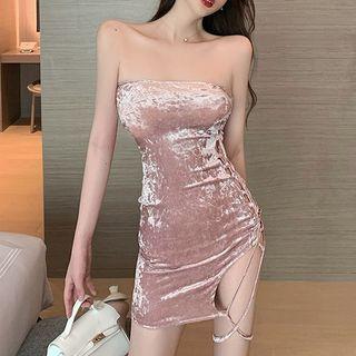 Velvet Lace-up Bandeau Mini Dress
