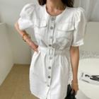 Button-front Stitch-trim Minidress With Belt