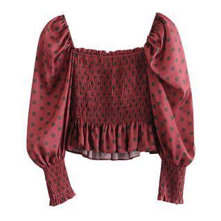 Lantern-sleeve Dotted Blouse / Maxi A-line Skirt