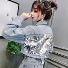 Sequined Buttoned Cropped Denim Jacket Blue - One Size