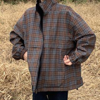 Reversible Plaid Zip Jacket Reversible - Ash Blue & Brown & Black - One Size