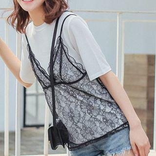 Set : Short-sleeve T-shirt + Lace Spaghetti Strap Top