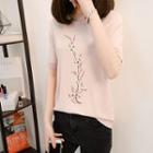 Elbow-sleeve Embroidery Knit Top