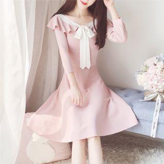 3/4-sleeve Ruffle Trim A-line Knit Dress