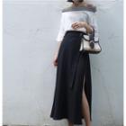 Off-shoulder Chiffon Blouse / High-waist Slit-hem Skirt