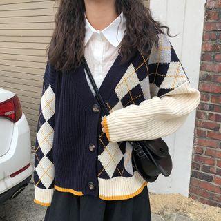 Argyle Cardigan Black & Gray & Beige - One Size