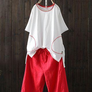 Elbow-sleeve Contrast-trim Oversized Top