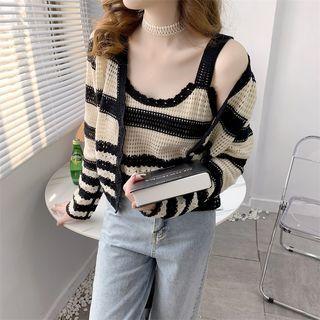 Set Of 2: Stripe Perforated Cropped Tank Top & V-neck Stripe Perforated Cropped Cardigan
