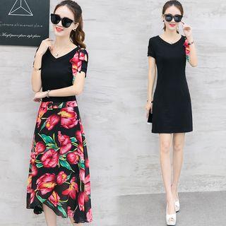 Set: Short Sleeve T-shirt Dress + Printed Midi Skirt