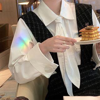 Bow-accent Long-sleeve Blouse / Check Jumper Skirt