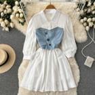 Mock Two-piece Denim Panel Mini A-line Dress White - One Size